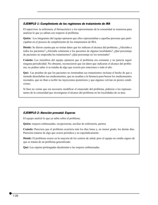 EJEMPLO 1: Cumplimiento de los regímenes de tratamiento de IRA
       El supervisor, la enfermera, el farmacéutico y los representantes de la comunidad se reunieron para
       analizar lo que ya sabían con respecto al problema.

       Quién: Los integrantes del equipo opinaron que ellos representaban a aquellas personas que parti-
       cipaban en el proceso de cumplimiento de los tratamientos de IRA.

       Dónde: Se dieron cuenta que no tenían datos que les indicara el alcance del problema: ¿Afectaba a
       todos los pacientes? ¿Afectaba solamente a los pacientes de algunas localidades? ¿Qué porcentaje
       de pacientes no empezaba los tratamientos? ¿Qué porcentaje no los terminaba?

       Cuándo: Los miembros del equipo opinaron que el problema era constante y no parecía seguir
       ninguna periodicidad. No obstante, reconocieron que sin datos que indicaran el alcance del proble-
       ma, no podían saber si se trataba de algo que ocurría por estaciones o todo el año.

       Qué: Las pruebas de que los pacientes no terminaban sus tratamientos incluían el hecho de que a
       menudo desechaban sus medicamentos, que no acudían a la farmacia para buscar los medicamentos
       recetados, que no iban a recibir las inyecciones posteriores y que algunos volvían en peores condi-
       ciones.

       Si bien no creían que era necesario modificar el enunciado del problema, pidieron a los represen-
       tantes de la comunidad que investigaran el alcance del problema en las localidades de su área.




       EJEMPLO 2: Atención prenatal: Esperas
       El equipo analizó lo que ya sabía sobre el problema:

       Quién: mujeres embarazadas, recepcionista, auxiliar de enfermería, partera.

       Cuándo: Pareciera que el problema ocurriera más los días lunes y, en menor grado, los demás días.
       Pareciera tratarse de algo que ocurre periódica y no esporádicamente.

       Dónde: El problema ocurre en la mayoría de los centros de salud, pero el equipo no estaba seguro de
       que se tratara de un problema generalizado.

       Qué: Las esperas prolongadas desalientan a las mujeres embarazadas.




1-26
 