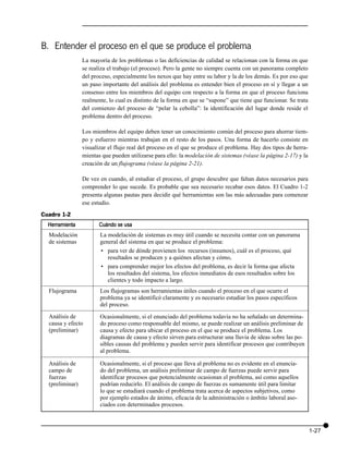 B. Entender el proceso en el que se produce el problema
                 La mayoría de los problemas o las deficiencias de calidad se relacionan con la forma en que
                 se realiza el trabajo (el proceso). Pero la gente no siempre cuenta con un panorama completo
                 del proceso, especialmente los nexos que hay entre su labor y la de los demás. Es por eso que
                 un paso importante del análisis del problema es entender bien el proceso en sí y llegar a un
                 consenso entre los miembros del equipo con respecto a la forma en que el proceso funciona
                 realmente, lo cual es distinto de la forma en que se “supone” que tiene que funcionar. Se trata
                 del comienzo del proceso de “pelar la cebolla”: la identificación del lugar donde reside el
                 problema dentro del proceso.

                 Los miembros del equipo deben tener un conocimiento común del proceso para ahorrar tiem-
                 po y esfuerzo mientras trabajan en el resto de los pasos. Una forma de hacerlo consiste en
                 visualizar el flujo real del proceso en el que se produce el problema. Hay dos tipos de herra-
                 mientas que pueden utilizarse para ello: la modelación de sistemas (véase la página 2-17) y la
                 creación de un flujograma (véase la página 2-21).

                 De vez en cuando, al estudiar el proceso, el grupo descubre que faltan datos necesarios para
                 comprender lo que sucede. Es probable que sea necesario recabar esos datos. El Cuadro 1-2
                 presenta algunas pautas para decidir qué herramientas son las más adecuadas para comenzar
                 ese estudio.
Cuadro 1-2
  Herramienta           Cuándo se usa
  Modelación            La modelación de sistemas es muy útil cuando se necesita contar con un panorama
  de sistemas           general del sistema en que se produce el problema:
                        • para ver de dónde provienen los recursos (insumos), cuál es el proceso, qué
                           resultados se producen y a quiénes afectan y cómo,
                        • para comprender mejor los efectos del problema, es decir la forma que afecta
                           los resultados del sistema, los efectos inmediatos de esos resultados sobre los
                           clientes y todo impacto a largo.
  Flujograma            Los flujogramas son herramientas útiles cuando el proceso en el que ocurre el
                        problema ya se identificó claramente y es necesario estudiar los pasos específicos
                        del proceso.

  Análisis de           Ocasionalmente, si el enunciado del problema todavía no ha señalado un determina-
  causa y efecto        do proceso como responsable del mismo, se puede realizar un análisis preliminar de
  (preliminar)          causa y efecto para ubicar el proceso en el que se produce el problema. Los
                        diagramas de causa y efecto sirven para estructurar una lluvia de ideas sobre las po-
                        sibles causas del problema y pueden servir para identificar procesos que contribuyen
                        al problema.

  Análisis de           Ocasionalmente, si el proceso que lleva al problema no es evidente en el enuncia-
  campo de              do del problema, un análisis preliminar de campo de fuerzas puede servir para
  fuerzas               identificar procesos que potencialmente ocasionan el problema, así como aquellos
  (preliminar)          podrían reducirlo. El análisis de campo de fuerzas es sumamente útil para limitar
                        lo que se estudiará cuando el problema trata acerca de aspectos subjetivos, como
                        por ejemplo estados de ánimo, eficacia de la administración o ámbito laboral aso-
                        ciados con determinados procesos.



                                                                                                                   1-27
 