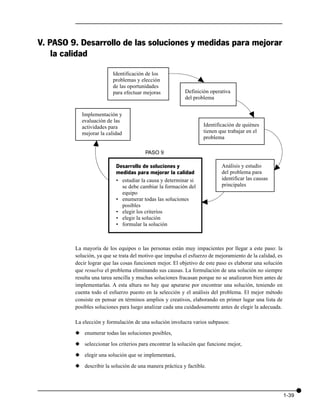 V. PASO 9. Desarrollo de las soluciones y medidas para mejorar
    la calidad

                          Identificación de los




                                                                 v
                          problemas y elección
                          de las oportunidades
                          para efectuar mejoras           Definición operativa
                                                          del problema

                                                                                       v
            Implementación y
            evaluación de las
            actividades para                                       Identificación de quiénes
            mejorar la calidad                                     tienen que trabajar en el
                                                                   problema
                 v
                                        PASO 9

                           Desarrollo de soluciones y                      Análisis y estudio       v
                           medidas para mejorar la calidad                 del problema para
                           • estudiar la causa y determinar si             identificar las causas
                             se debe cambiar la formación del              principales
                             equipo
                           • enumerar todas las soluciones
                             posibles                            v
                           • elegir los criterios
                           • elegir la solución
                           • formular la solución



         La mayoría de los equipos o las personas están muy impacientes por llegar a este paso: la
         solución, ya que se trata del motivo que impulsa el esfuerzo de mejoramiento de la calidad, es
         decir lograr que las cosas funcionen mejor. El objetivo de este paso es elaborar una solución
         que resuelva el problema eliminando sus causas. La formulación de una solución no siempre
         resulta una tarea sencilla y muchas soluciones fracasan porque no se analizaron bien antes de
         implementarlas. A esta altura no hay que apurarse por encontrar una solución, teniendo en
         cuenta todo el esfuerzo puesto en la selección y el análisis del problema. El mejor método
         consiste en pensar en términos amplios y creativos, elaborando en primer lugar una lista de
         posibles soluciones para luego analizar cada una cuidadosamente antes de elegir la adecuada.

         La elección y formulación de una solución involucra varios subpasos:

         x enumerar todas las soluciones posibles,

         x seleccionar los criterios para encontrar la solución que funcione mejor,

         x elegir una solución que se implementará,

         x describir la solución de una manera práctica y factible.




                                                                                                          1-39
 
