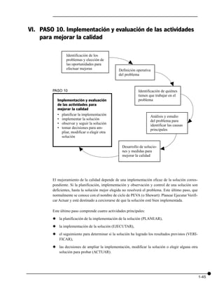 VI. PASO 10. Implementación y evaluación de las actividades
    para mejorar la calidad

                Identificación de los
                problemas y elección de




                                                        v
                las oportunidades para
                efectuar mejoras                 Definición operativa
                                                 del problema
                                                                                  v
        PASO 10                                               Identificación de quiénes
                                                              tienen que trabajar en el
           Implementación y evaluación                        problema
           de las actividades para
           mejorar la calidad
           • planificar la implementación                            Análisis y estudio
           • implementar la solución




                                                                                              v
                                                                     del problema para
           • observar y seguir la solución                           identificar las causas
           • tomar decisiones para am-                               principales
             pliar, modificar o elegir otra
             solución

                                                    Desarrollo de solucio-



                                                                             v
                         v                          nes y medidas para
                                                    mejorar la calidad




        El mejoramiento de la calidad depende de una implementación eficaz de la solución corres-
        pondiente. Si la planificación, implementación y observación y control de una solución son
        deficientes, hasta la solución mejor elegida no resolverá el problema. Este último paso, que
        normalmente se conoce con el nombre de ciclo de PEVA (o Shewart): Planear Ejecutar Verifi-
        car Actuar y está destinado a cerciorarse de que la solución esté bien implementada.

        Este último paso comprende cuatro actividades principales:

        x la planificación de la implementación de la solución (PLANEAR),

        x la implementación de la solución (EJECUTAR),

        x el seguimiento para determinar si la solución ha logrado los resultados previstos (VERI-
          FICAR),

        x las decisiones de ampliar la implementación, modificar la solución o elegir alguna otra
          solución para probar (ACTUAR).




                                                                                                       1-45
 