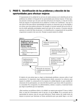 I. PASO 5. Identificación de los problemas y elección de las
   oportunidades para efectuar mejoras
         El mejoramiento de la calidad de los servicios de salud comienza con la identificación de los
         problemas de calidad y la búsqueda de las oportunidades para efectuar mejoras. Si bien algu-
         nas personas sostienen que este paso está fuera del proceso de mejoras, se trata de la única
         forma de empezar. El mejoramiento de la calidad no se limita a los “problemas”, sino que va
         más allá de ellos para abarcar oportunidades de mejoras en situaciones que no han llegado a
         ser críticas, pero que podrían mejorarse. Por ejemplo, el reciente aumento del uso de una clí-
         nica ha traído aparejadas prolongadas esperas por parte de los usuarios. Al prestar atención
         oportuna al control del flujo de paciente y a la identificación y reorganización de las posibles
         congestiones se puede evitar una crisis. Siempre se puede mejorar la calidad.



         PASO 5                                          v
           Identificación de los
           problemas y elección de las              Definición operativa del
           oportunidades para                       problema
           efectuar mejoras                                                          v
           • identificar los problemas
           • ponerse de acuerdo en los
               criterios                                           Identificación de quiénes
           • elegir el área en que se va a                         tienen que trabajar en el
               trabajar                                            problema



               Implementación y                                  Análisis y estudio



                                                                                          v
               evaluación de las                                 del problema para
               actividades para mejorar                          identificar las causas
               la calidad                                        principales

                            v
                                       Desarrollo de soluciones
                                                                    v




                                       y medidas para mejorar la
                                       calidad


         El objetivo de este primer paso es elegir un determinado problema o proceso sobre el cual
         concentrarse. Es importante elegir cuidadosamente dónde concentrar los esfuerzos para
         mejorar la calidad. La consecución de las mejoras de calidad depende en gran medida del
         entusiasmo de los participantes, así como del efecto positivo que tienen sobre los pacientes y
         su comunidad. Por consiguiente, los administradores, clientes o usuarios y el personal tienen
         que elegir un problema que sea importante.

         ¿Qué constituye un problema relativo a la calidad o un aspecto para mejorar? Como se indicó
         antes, se trata de la discrepancia entre lo que es y lo que se desea. No es necesario que la
         oportunidad de mejoras surja de una gran deficiencia. Puede tratarse del simple deseo de
         mejorar un proceso que funcionan en forma satisfactoria pero que puede llegar a un nivel


                                                                                                            1-5
 