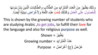 َّ
‫َل‬ُّ‫الط‬ َ‫ن‬ِ‫م‬ ِ‫د‬ِ‫ي‬‫ا‬َ‫ز‬َ‫ت‬ُ‫م‬ْ‫ال‬ ِ‫د‬َ‫د‬َ‫ع‬ْ‫ال‬ َ‫ن‬ِ‫م‬ ُ‫ر‬َ‫ه‬ْ‫ظ‬َ‫ي‬ َ‫ك‬ِ‫ل‬َ‫ذ‬ َ‫و‬
َ‫ن‬‫و‬ُ‫س‬ُ‫ر‬ْ‫د‬َ‫ي‬ َ‫ين‬ِ‫ذ‬َّ‫ال‬ ِ‫ت‬‫ا‬َ‫ب‬ِ‫ل‬‫ا‬َّ‫والط‬ ِ‫ب‬
‫ا‬َ‫ه‬
ِ‫ل‬َ‫م‬َ‫ع‬ْ‫ال‬ ‫ى‬َ‫ل‬َ‫ع‬ ِ‫ل‬‫و‬ُُُ‫ح‬ْ‫ل‬ِ‫ل‬
ِ‫ل‬ َ‫ك‬ِ‫ل‬َ‫ذ‬َ‫ك‬ َ‫و‬
ِ‫ب‬ُ‫ح‬
ُّ‫الل‬ ِ‫ه‬ِ‫ذ‬َ‫ه‬
َ ِ
‫ل‬ َ‫و‬ ِ‫ة‬َ‫غ‬
ٍ ‫ا‬َ‫ر‬ْ‫غ‬
‫ا‬ً‫ض‬ْ‫ي‬َ‫أ‬ ٍ‫ة‬َّ‫ي‬ِ‫ن‬‫ي‬ِ‫د‬
.
This is shown by the growing number of students who
are studying Arabic ,to get jobs, to fulfill their love for
the language and also for religious purpose as well.
Shown = ُ‫ر‬َ‫ه‬ْ‫ظ‬َ‫ي‬
Growing number = ِ‫د‬ِ‫ي‬‫زا‬َ‫ت‬ُ‫م‬ْ‫ال‬ ُ‫د‬َ‫د‬َ‫ع‬
Purpose = ٌ‫ض‬ ْ‫َر‬‫غ‬
(
‫ج‬
)
ٌ‫اض‬َ‫ر‬ْ‫غ‬َ‫أ‬
 
