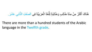 ِ‫ة‬َ‫غ‬ُّ‫ل‬ِ‫ل‬ ٍ‫ة‬َ‫ب‬ِ‫ل‬‫ا‬َ‫ط‬ َ‫و‬ ٍ‫ب‬ِ‫ل‬‫ا‬َ‫ط‬ ِ‫ة‬ََِ‫م‬ ْ‫ن‬ِ‫م‬ ُ‫ر‬َ‫ث‬ْ‫ك‬َ‫أ‬ َ‫َاك‬‫ن‬ُ‫ه‬
‫ى‬ِ‫ف‬ ِ‫ة‬َّ‫ي‬ِ‫ب‬َ‫ر‬َ‫ع‬ْ‫ال‬
َ‫ع‬ ‫ي‬ِ‫ن‬‫ا‬َّ‫ث‬‫ال‬ ِ‫ف‬َُّ‫ال‬
َ‫َر‬‫ش‬
.
There are more than a hundred students of the Arabic
language in the Twelfth grade.
 