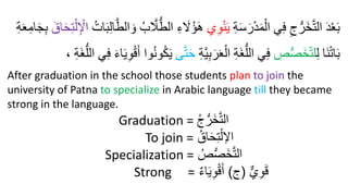 ِ‫ة‬َ‫س‬َ‫ر‬ْ‫د‬َ‫م‬ْ‫ال‬ ‫ي‬ِ‫ف‬ ِ‫ج‬ُّ‫َر‬‫خ‬َّ‫ت‬‫ال‬ َ‫د‬ْ‫ع‬َ‫ب‬
‫ي‬ِ‫و‬ْ‫ن‬َ‫ي‬
ُّ‫الط‬ ِ‫ء‬ َ
‫َل‬ُ‫ؤ‬َ‫ه‬
ُ‫ات‬َ‫ب‬ِ‫ل‬‫ا‬َّ‫الط‬ َ‫و‬ ُ‫ب‬ َّ
‫َل‬
َ‫اق‬َ‫ح‬ِ‫ت‬ْ‫ل‬ِ ْ
‫اْل‬
ِ‫ب‬
ِ‫ة‬َ‫ع‬ِ‫ام‬َ‫ج‬
ِ‫ل‬ ‫َا‬‫ن‬ْ‫ت‬‫ا‬َ‫ب‬
ِ
َُُِّ‫خ‬‫لت‬
ِ‫ة‬َّ‫ي‬ِ‫ب‬َ‫ر‬َ‫ع‬ْ‫ال‬ ِ‫ة‬َ‫غ‬ُّ‫الل‬ ‫ي‬ِ‫ف‬
َّ‫ت‬َ‫ح‬
‫ى‬
، ِ‫ة‬َ‫غ‬ُّ‫الل‬ ‫ي‬ِ‫ف‬ َ‫ء‬‫ا‬َ‫ي‬ِ‫و‬ْ‫ق‬َ‫أ‬ ‫وا‬ُ‫ن‬‫و‬ُ‫ك‬َ‫ي‬
After graduation in the school those students plan to join the
university of Patna to specialize in Arabic language till they became
strong in the language.
Graduation = ُ‫ج‬ُّ‫َر‬‫خ‬َّ‫ت‬‫ال‬
To join = ُ‫اق‬َ‫ح‬ِ‫ت‬ْ‫اْلل‬
Specialization = ُ‫ص‬ُّ‫ص‬َ‫خ‬َّ‫ت‬‫ال‬
Strong = ٌّ‫ي‬ِ‫و‬َ‫ق‬
(
‫ج‬
)
ٌ‫ء‬‫ا‬َ‫ي‬ِ‫و‬ْ‫ق‬َ‫أ‬
 