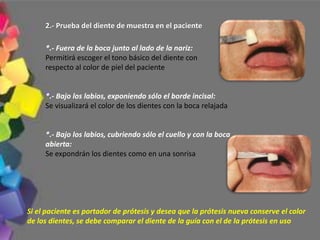 2.- Prueba del diente de muestra en el paciente
*.- Fuera de la boca junto al lado de la nariz:
Permitirá escoger el tono básico del diente con
respecto al color de piel del paciente
*.- Bajo los labios, exponiendo sólo el borde incisal:
Se visualizará el color de los dientes con la boca relajada
*.- Bajo los labios, cubriendo sólo el cuello y con la boca
abierta:
Se expondrán los dientes como en una sonrisa
Si el paciente es portador de prótesis y desea que la prótesis nueva conserve el color
de los dientes, se debe comparar el diente de la guía con el de la prótesis en uso
 