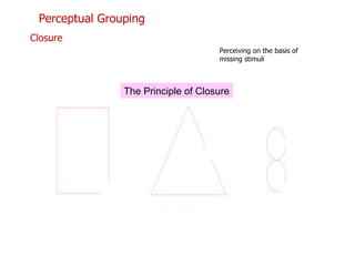 The Principle of Closure Perceptual Grouping Closure  Perceiving on the basis of missing stimuli 