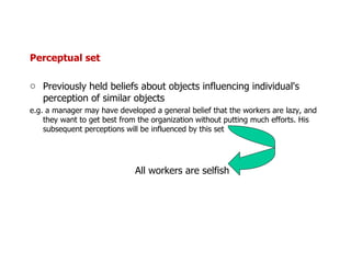Perceptual set Previously held beliefs about objects influencing individual's perception of similar objects e.g. a manager may have developed a general belief that the workers are lazy, and they want to get best from the organization without putting much efforts. His subsequent perceptions will be influenced by this set All workers are selfish  