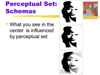 Perceptual Set:
Schemas
 What you see in the
center is influenced
by perceptual set

 