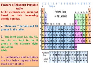 Feature of Modern Periodic
table
1.The elements are arranged
based on their increasing
atomic number.
2. There are 7 periods and 18
groups in the table.
3. The inert gases i.e. He, Ne,
Ar, etc. are kept in the 0
group at the extreme right
side of the
table.
4. Lanthanides and actinides
are kept below separate from
main body of table.
 
