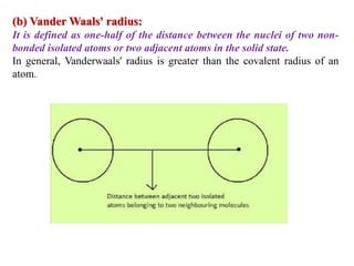 (b) Vander Waals' radius:
It is defined as one-half of the distance between the nuclei of two non-
bonded isolated atoms or two adjacent atoms in the solid state.
In general, Vanderwaals' radius is greater than the covalent radius of an
atom.
 