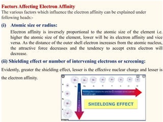 Factors Affecting Electron Affinity
The various factors which influence the electron affinity can be explained under
following heads:-
(i) Atomic size or radius:
Electron affinity is inversely proportional to the atomic size of the element i.e.
higher the atomic size of the element, lower will be its electron affinity and vice
versa. As the distance of the outer shell electron increases from the atomic nucleus,
the attractive force decreases and the tendency to accept extra electron will
decrease.
(ii) Shielding effect or number of intervening electrons or screening:
Evidently, greater the shielding effect, lesser is the effective nuclear charge and lesser is
the electron affinity.
 
