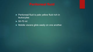 Peritoneal fluid
 Peritoneal fluid is pale yellow fluid rich in
leukocytes
 50-70 ml
 Mobile viscera glide easily on one another.
 