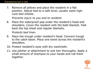 Shampooing hair in bed
7. Remove all pillows and place the resident in a flat
position. Adjust bed to a safe level, usually waist high.
Lock bed wheels.
Prevents injury to you and to resident.
8. Place the waterproof pad under the resident’s head and
shoulders. Cover the resident with the bath blanket. Fold
back the top sheet and regular blankets.
Protects bed linen.
9. Place the trough under resident’s head. Connect trough
to the catch basin. Place one towel across the resident’s
shoulders.
10. Protect resident’s eyes with dry washcloth.
11. Use pitcher or attachment to wet hair thoroughly. Apply a
small amount of shampoo to your hands and rub them
together.
 