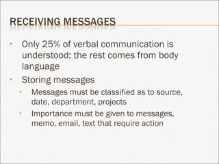 Only 25% of verbal communication is understood; the rest comes from body language Storing messages Messages must be classified as to source, date, department, projects Importance must be given to messages, memo, email, text that require action 