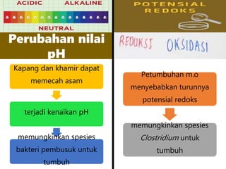 Perubahan nilai
pH
Kapang dan khamir dapat
memecah asam
terjadi kenaikan pH
memungkinkan spesies
bakteri pembusuk untuk
tumbuh
Petumbuhan m.o
menyebabkan turunnya
potensial redoks
memungkinkan spesies
Clostridium untuk
tumbuh
 