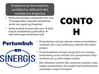 Pertumbuh
an
• Pertumbuhan sinergis diamati selama pertumbuhan
simbiotik dari 2 atau lebih jenis mikroba dlm bahan
pangan
• Pd pertumbuhan sinergis msng2 jenis m.o mampu
berkembang secara mandiri dan memproduksi bbrp
metabolit pd yg lebih tingkat rendah
• Jika dibiarkan tumbuh dlm campuran populasi maka
tingkat pertumbuhan dan tingkat hasil pembentukan
sampingan sangat meningkat
CONTO
H
Streptococcus thermophilus,
Lactobacilus delbueckii dan
Lactobacilus bulgaricus
• Ketika ditumbuhkan independen dlm susu
 menghasilkan sejumlah asetaldehida
untuk rasa yogurt yg diinginkan
• Ketika tumbuh bersama dlm susu  lebih
banyak asetaldehida yg dihasilkan 
diperoleh yogurt berkualitas baik
 