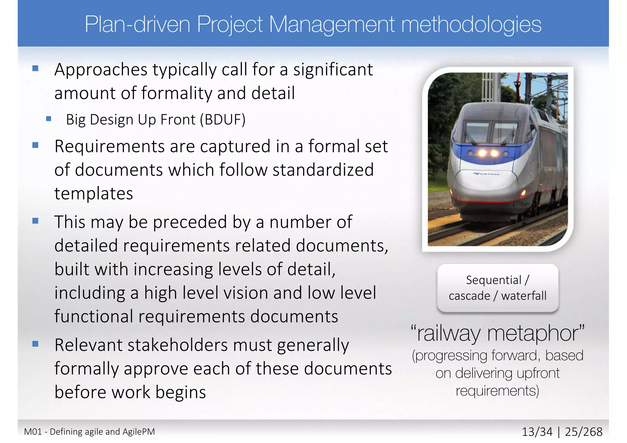 Ability to Change
Business Value Risk
(of delivering wrong solution)
Waterfall
time
time time
time
?
Business Engagement
(visibility)
M01 - Defining agile and AgilePM 14/27 | 25/270
 