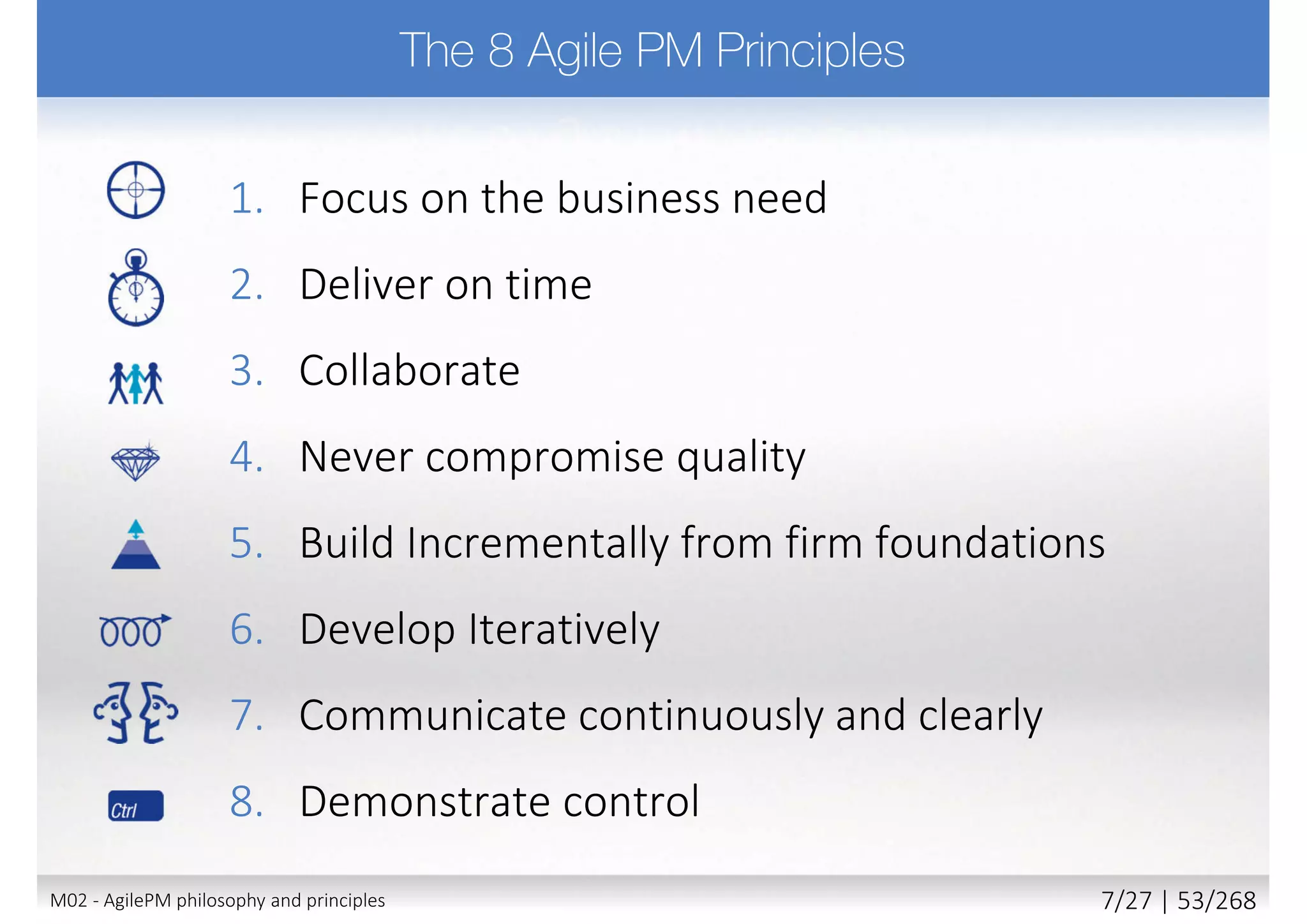  Requires team to
 Set level of quality at the outset
 A solution has to be “good enough”
 Right-engineering (no under-engineering or over-engineering)
 Ensure quality does not become a variable
 Design, document and test appropriately and continuously
 Test early and continuously - ”fail fast, learn fast”
 Build in quality by constant review with the right people
 Principle supported by
 Roles: Solution Tester
 Products: Testing products
 Techniques: MoSCoW, Timeboxing, Daily Stand-ups
 Early and integrated testing
21 - 22M02 - AgilePM philosophy and principles 15/39 | 53/270
 