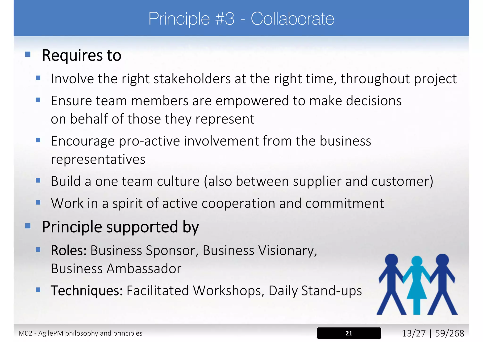 “Electric communication
will never be a substitute
for the face of someone
who with their soul
encourages another
person to be brave and
true.”
Charles Dickens
M02 - AgilePM philosophy and principles 21/39 | 59/270
 