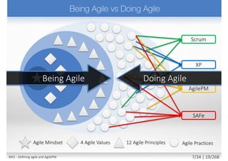 Dynamic Systems Development Method (DSDM)
Agile Project Management (AgilePM)
Agile Unified Process (AUP)
Open Unified Process (OpenUP)
Scaled Agile Framework (SAFe)
Disciplined Agile Delivery (DAD)
Scrum-of-Scrums
Scrum at Scale
…
Scrum
Lean software development
Kanban (process + method)
Extreme Programming (XP)
Continuous Integration (CI)
Feature Driven Development (FDD)
Test Driven Development (TDD)
Crystal Clear
…
Fuller ApproachesLightweight Approaches
9M01 - Defining agile and AgilePM 8/27 | 19/270
 