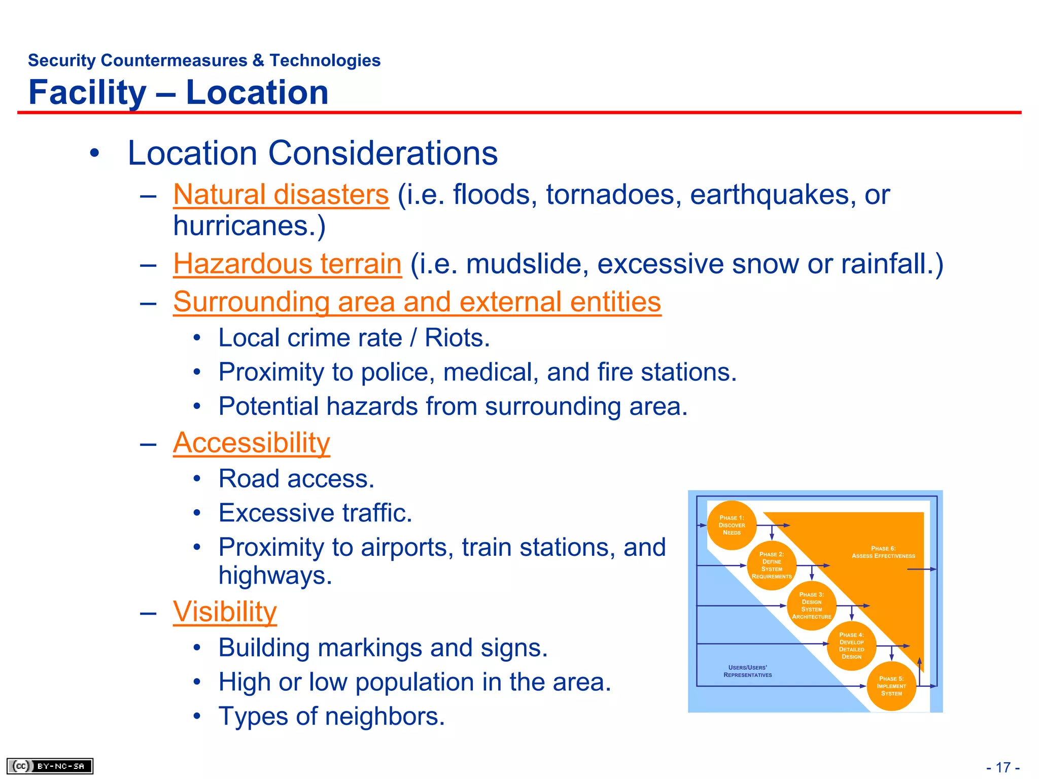 Security Countermeasures & Technologies

Facility – Location
      • Location Considerations
            – Natural disasters (i.e. floods, tornadoes, earthquakes, or
              hurricanes.)
            – Hazardous terrain (i.e. mudslide, excessive snow or rainfall.)
            – Surrounding area and external entities
                  • Local crime rate / Riots.
                  • Proximity to police, medical, and fire stations.
                  • Potential hazards from surrounding area.
            – Accessibility
                  • Road access.
                  • Excessive traffic.                            PHASE 1:
                                                                  DISCOVER
                                                                   NEEDS


                  • Proximity to airports, train stations, and                 PHASE 2:
                                                                                DEFINE
                                                                                                                     PHASE 6:
                                                                                                               ASSESS EFFECTIVENESS



                    highways.                                                  SYSTEM
                                                                             REQUIREMENTS


                                                                                              PHASE 3:



            – Visibility
                                                                                               DESIGN
                                                                                              SYSTEM
                                                                                            ARCHITECTURE


                                                                                                           PHASE 4:


                  • Building markings and signs.                                                           DEVELOP
                                                                                                           DETAILED
                                                                                                            DESIGN
                                                                    USERS/USERS’


                  • High or low population in the area.
                                                                   REPRESENTATIVES
                                                                                                                       PHASE 5:
                                                                                                                      IMPLEMENT
                                                                                                                        SYSTEM



                  • Types of neighbors.
                                                                                                                                      - 17 -
 