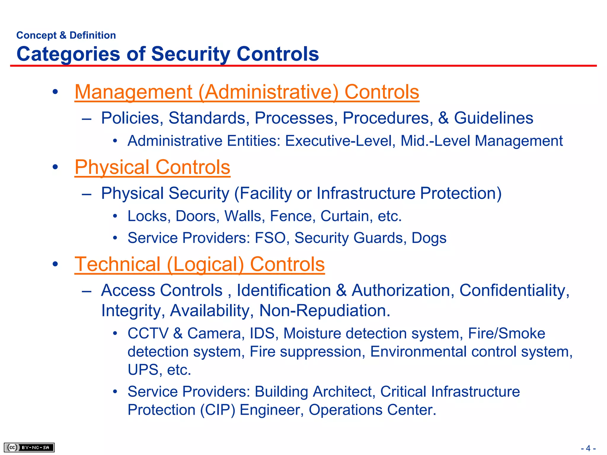 Concept & Definition

Categories of Security Controls
       • Management (Administrative) Controls
             – Policies, Standards, Processes, Procedures, & Guidelines
                   • Administrative Entities: Executive-Level, Mid.-Level Management
       • Physical Controls
             – Physical Security (Facility or Infrastructure Protection)
                   • Locks, Doors, Walls, Fence, Curtain, etc.
                   • Service Providers: FSO, Security Guards, Dogs
       • Technical (Logical) Controls
             – Access Controls , Identification & Authorization, Confidentiality,
               Integrity, Availability, Non-Repudiation.
                   • CCTV & Camera, IDS, Moisture detection system, Fire/Smoke
                     detection system, Fire suppression, Environmental control system,
                     UPS, etc.
                   • Service Providers: Building Architect, Critical Infrastructure
                     Protection (CIP) Engineer, Operations Center.

                                                                                         -4-
 