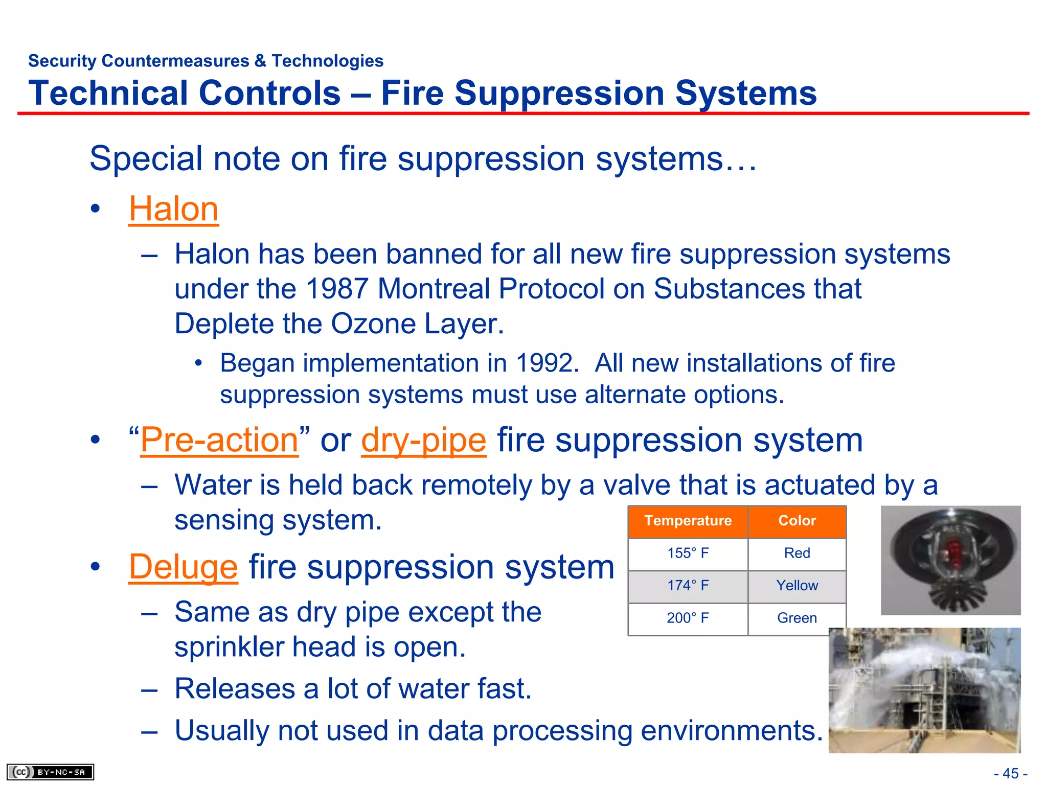 Security Countermeasures & Technologies

Technical Controls – Fire Suppression Systems
      Special note on fire suppression systems…
      • Halon
            – Halon has been banned for all new fire suppression systems
              under the 1987 Montreal Protocol on Substances that
              Deplete the Ozone Layer.
                  • Began implementation in 1992. All new installations of fire
                    suppression systems must use alternate options.
      • “Pre-action” or dry-pipe fire suppression system
            – Water is held back remotely by a valve that is actuated by a
              sensing system.                     Temperature Color


      • Deluge fire suppression system
                                                           155° F    Red

                                                           174° F   Yellow

            – Same as dry pipe except the           200° F Green

              sprinkler head is open.
            – Releases a lot of water fast.
            – Usually not used in data processing environments.
                                                                                  - 45 -
 