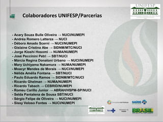 - Acary Souza Bulle Oliveira → NUCI/NUMEPI
- Andréa Romero Latterza → NUCI
- Débora Amado Scerni → NUCI/NUMEPI
- Gislaine Cristina Abe → SIDNM/MTC/NUCI
- Jorge Kioshi Hosomi → NUMA/NUMEPI
- José Peccinini Petri → SBT/NUCI
- Márcia Regina Donatoni Urbano → NUCI/NUMEPI
- Mary Uchiyama Nakamura → NUMA/NUMEPI
- Moacyr Mendes de Morais → NUCI/NUMEPI
- Nélida Amélia Fontana → SBT/NUCI
- Paulo Eduardo Ramos → SIDNM/MTC/NUCI
- Ricardo Ghelman → NUMA/NUMEPI
- Ricardo Tabach → CEBRID/NUMEPI
- Romeu Carillo Junior → ABRAH/HSPM-SP/NUCI
- Selda Pantalena de Sousa SBT/NUCI
- Sérgio Felipe de Oliveira → NUCI/NUMEPI
- Sissy Veloso Fontes → NUCI/NUMEPI
Colaboradores UNIFESP/Parcerias
 