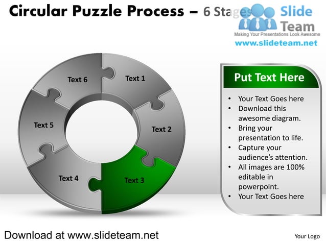 6 pieces pie chart circular puzzle with hole in center process ...