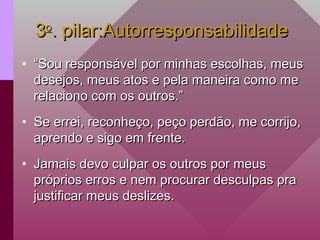 3
3o
o
. pilar:Autorresponsabilidade
. pilar:Autorresponsabilidade
• “
“Sou responsável por minhas escolhas, meus
Sou responsável por minhas escolhas, meus
desejos, meus atos e pela maneira como me
desejos, meus atos e pela maneira como me
relaciono com os outros.”
relaciono com os outros.”
• Se errei, reconheço, peço perdão, me corrijo,
Se errei, reconheço, peço perdão, me corrijo,
aprendo e sigo em frente.
aprendo e sigo em frente.
• Jamais devo culpar os outros por meus
Jamais devo culpar os outros por meus
próprios erros e nem procurar desculpas pra
próprios erros e nem procurar desculpas pra
justificar meus deslizes.
justificar meus deslizes.
 