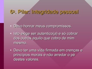6
6o
o
. Pilar: Integridade pessoal
. Pilar: Integridade pessoal
• Devo honrar meus compromissos.
Devo honrar meus compromissos.
• Isto exige ser autentico(a) e só cobrar
Isto exige ser autentico(a) e só cobrar
dos outros aquilo que cobro de mim
dos outros aquilo que cobro de mim
mesmo.
mesmo.
• Devo ter uma vida firmada em crenças e
Devo ter uma vida firmada em crenças e
princípios morais e não arredar o pé
princípios morais e não arredar o pé
destes valores.
destes valores.
 