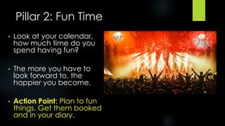 Pillar 2: Fun Time
• Look at your calendar,
how much time do you
spend having fun?
• The more you have to
look forward to,...