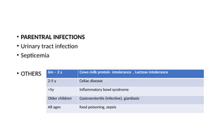 • PARENTRAL INFECTIONS
• Urinary tract infection
• Septicemia
• OTHERS 6m – 2 y Cows milk protein intolerance , Lactose intolerance
2-5 y Celiac disease
>5y Inflammatory bowl syndrome
Older children Gastroenteritis (infective), giardiasis
All ages food poisoning, sepsis
 