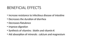 BENEFICIAL EFFECTS
• Increase resistance to infectious disease of intestine
• Decreases the duration of diarrhea
• Decreases flatulence
• Improve digestion
• Synthesis of vitamins : biotin and vitamin K
• Aid absorption of minerals : calcium and magnesium
 