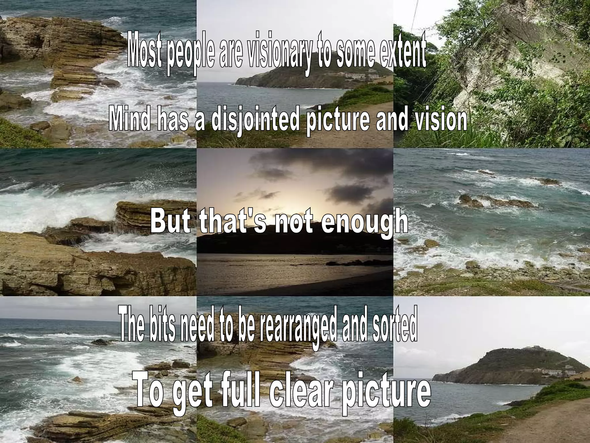 Mind has a disjointed picture and vision But that's not enough The bits need to be rearranged and sorted To get full clear picture Most people are visionary to some extent 