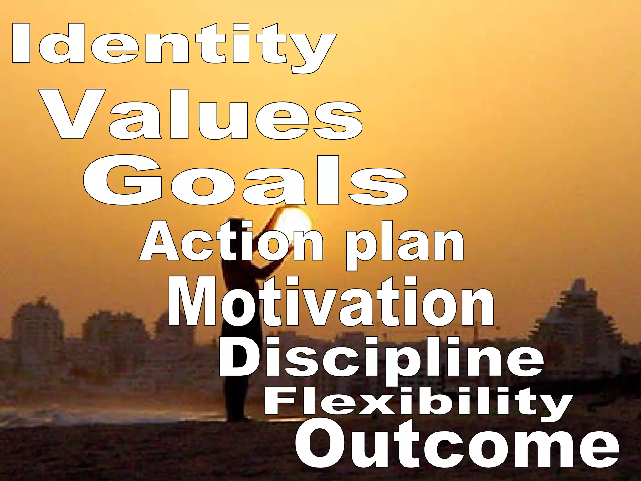 Values Goals Action plan Motivation Discipline Outcome Identity Flexibility 