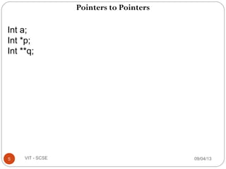 Pointers to Pointers
09/04/135 VIT - SCSE
Int a;
Int *p;
Int **q;
 