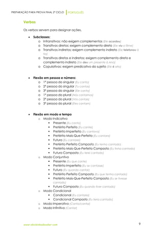 PREPARAÇÃO PARA PROVA FINAL 2º CICLO PORTUGUÊS
www.obichinhodosaber.com 9
Verbos
Os verbos servem para designar ações.
 Subclasses:
o Intransitivos: não exigem complementos (Ele acordou)
o Transitivos diretos: exigem complemento direto (Ele viu o filme)
o Transitivos indiretos: exigem complemento indireto (Ele telefonou à
tia)
o Transitivos diretos e indiretos: exigem complemento direto e
complemento indireto (Ele deu um presente à Ana)
o Copulativos: exigem predicativo do sujeito (Ele é alto)
 Flexão em pessoa e número:
o 1ª pessoa do singular (Eu canto)
o 2ª pessoa do singular (Tu cantas)
o 3ª pessoa do singular (Ele canta)
o 1ª pessoa do plural (Nós cantamos)
o 2ª pessoa do plural (Vós cantais)
o 3ª pessoa do plural (Eles cantam)
 Flexão em modo e tempo
o Modo Indicativo
 Presente (Eu canto)
 Pretérito Perfeito (Eu cantei)
 Pretérito Imperfeito (Eu cantava)
 Pretérito Mais-Que-Perfeito (Eu cantara)
 Futuro (Eu cantarei)
 Pretérito Perfeito Composto (Eu tenho cantado)
 Pretérito Mais-Que-Perfeito Composto (Eu tinha cantado)
 Futuro Composto (Eu terei cantado)
o Modo Conjuntivo
 Presente (Eu que cante)
 Pretérito Imperfeito (Eu se cantasse)
 Futuro (Eu quando cantar)
 Pretérito Perfeito Composto (Eu que tenha cantado)
 Pretérito Mais-Que-Perfeito Composto (Eu se tivesse
cantado)
 Futuro Composto (Eu quando tiver cantado)
o Modo Condicional
 Condicional (Eu cantaria)
 Condicional Composto (Eu teria cantado)
o Modo Imperativo (Canta/cantai)
o Modo Infinitivo (Cantar)
 