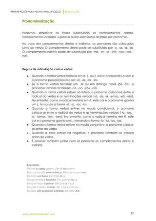 PREPARAÇÃO PARA PROVA FINAL 2º CICLO PORTUGUÊS
www.obichinhodosaber.com 17
Pronominalização
Podemos simplificar as frases substituíndo os complementos diretos,
complementos indiretos, sujeitos e outros elementos da frase por pronomes.
No caso dos complementos diretos e indiretos, os pronomes são colocados
junto ao verbo. O complemento direto pode ser substituído por -o, -os, -a, -as.
O complemento indireto pode ser substituído por -me, -te, -se, -lhe, -nos, -vos, -
lhes.
Regras de articulação com o verbo:
 Quando a forma verbal termina em R, S, ou Z, estas consoantes caem e
o pronome pessoal passa a ser: -lo, -la, -los, -las.
 Se a forma verbal terminar em M ou em ditongo nasal (õe, ão), o
pronome tomará as formas: -no, -na, -nos, -nas.
 Quando a forma verbal estiver no futuro, o pronome coloca-se entre o
radical do verbo e as terminações verbais (-á, -ás, -á, -emos, -eis, –ão).
No entanto, como o radical termina em R, este cai e o pronome ganha
um L, tomando a forma -lo, -la, -los, -las.
 Quando a forma verbal estiver no modo condicional, o pronome
coloca-se entre o radical do verbo e as terminações verbais (-ia, -ias, -
ia, -íamos, -íeis, –iam). No entanto, como o radical termina em R, este
cai e o pronome ganha um L, tomando a forma -lo, -la, -los, -las.
 Quando a forma verbal estiver no modo conjuntivo, o pronome coloca-
se antes do verbo
 Quando a frase estiver na negativa, o pronome também se coloca
antes do verbo.
 É possível também juntar num só pronome os complementos direto e
indireto
Exemplos:
Ele fez a carta ontem. Ele fê-la ontem.
Eles cantaram uma música. Eles cantaram-na.
Ele fará um bolo. Ele fazê-lo-à
Ele ganharia o totoloto. Ele ganhá-lo-ia.
Ele que faça o jantar. Ele que o faça.
Ele não comeu o bolo. Ele não o comeu.
Ele deu um presente à Maria. Ele deu-lho.
 