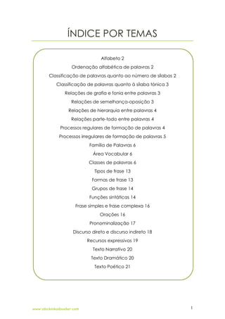 PREPARAÇÃO PARA PROVA FINAL 2º CICLO PORTUGUÊS
www.obichinhodosaber.com 1
ÍNDICE POR TEMAS
Alfabeto 2
Ordenação alfabética de palavras 2
Classificação de palavras quanto ao número de sílabas 2
Classificação de palavras quanto à sílaba tónica 3
Relações de grafia e fonia entre palavras 3
Relações de semelhança-oposição 3
Relações de hierarquia entre palavras 4
Relações parte-todo entre palavras 4
Processos regulares de formação de palavras 4
Processos irregulares de formação de palavras 5
Família de Palavras 6
Área Vocabular 6
Classes de palavras 6
Tipos de frase 13
Formas de frase 13
Grupos de frase 14
Funções sintáticas 14
Frase simples e frase complexa 16
Orações 16
Pronominalização 17
Discurso direto e discurso indireto 18
Recursos expressivos 19
Texto Narrativo 20
Texto Dramático 20
Texto Poético 21
 