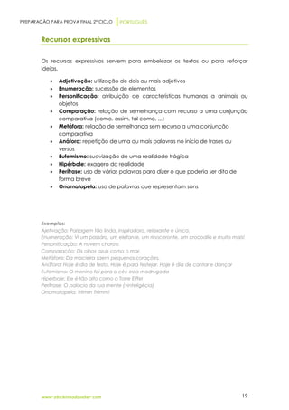 PREPARAÇÃO PARA PROVA FINAL 2º CICLO PORTUGUÊS
www.obichinhodosaber.com 19
Recursos expressivos
Os recursos expressivos servem para embelezar os textos ou para reforçar
ideias.
 Adjetivação: utilização de dois ou mais adjetivos
 Enumeração: sucessão de elementos
 Personificação: atribuição de características humanas a animais ou
objetos
 Comparação: relação de semelhança com recurso a uma conjunção
comparativa (como, assim, tal como, ...)
 Metáfora: relação de semelhança sem recurso a uma conjunção
comparativa
 Anáfora: repetição de uma ou mais palavras no início de frases ou
versos
 Eufemismo: suavização de uma realidade trágica
 Hipérbole: exagero da realidade
 Perífrase: uso de várias palavras para dizer o que poderia ser dito de
forma breve
 Onomatopeia: uso de palavras que representam sons
Exemplos:
Ajetivação: Paisagem tão linda, inspiradora, relaxante e única.
Enumeração: Vi um passáro, um elefante, um rinoceronte, um crocodilo e muito mais!
Personificação: A nuvem chorou.
Comparação: Os olhos azuis como o mar.
Metáfora: Da macieira saem pequenos corações.
Anáfora: Hoje é dia de festa. Hoje é para festejar. Hoje é dia de cantar e dançar
Eufemismo: O menino foi para o céu esta madrugada
Hipérbole: Ele é tão alto como a Torre Eiffel
Perífrase: O palácio da tua mente (=inteligêcia)
Onomatopeia: Triimm Triimm!
 