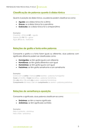 PREPARAÇÃO PARA PROVA FINAL 2º CICLO PORTUGUÊS
www.obichinhodosaber.com 3
Classificação de palavras quanto à sílaba tónica
Quanto à posição da sílaba tónica, as palavras podem classificar-se como:
 Agudas: se a sílaba tónica for a última
 Graves: se a sílaba tónica for a penúltima
 Exdrúxulas: se a sílaba tónica for a antepenúltima
Exemplos:
Chaminé – (CHA-MI-NÉ) – aguda
Sapato (SA-PA-TO) – grave
Água (Á-GU-A) - exdrúxula
Relações de grafia e fonia entre palavras
Consoante a grafia e a fonia forem iguais ou diferentes, duas palavras com
significado diferente podem ser classificadas como:
 Homógrafas: se têm grafia igual e som diferente
 Homófonas: se têm grafia diferente e som igual
 Homónimas: se têm grafia igual e som igual
 Parónimas: se têm grafia semelhante e som semelhante
Exemplos:
Come com a colher / Vamos colher batatas – palavras homógrafas
Coser um botão / Cozer bacalhau – palavras homófonas
Eles são altos / Ele está são e salvo – palavras homónimas
Comprimento da mesa / Dei um cumprimento ao senhor – palavras parónimas
Relações de semelhança-oposição
Consoante o significado, duas palavras classificam-se como:
 Sinónimas: se têm o mesmo significado
 Antónimas: se têm significado contrário
Exemplos:
Feliz e contente – sinónimos
Feliz e triste - antónimos
 