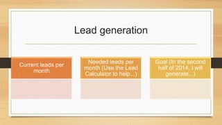Lead generation 
Current leads per 
month 
Needed leads per 
month (Use the Lead 
Calculator to help...) 
Goal (In the second 
half of 2014, I will 
generate...) 
 