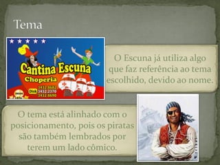 O Escuna já utiliza algo
                         que faz referência ao tema
                        escolhido, devido ao nome.


 O tema está alinhado com o
posicionamento, pois os piratas
  são também lembrados por
    terem um lado cômico.
 