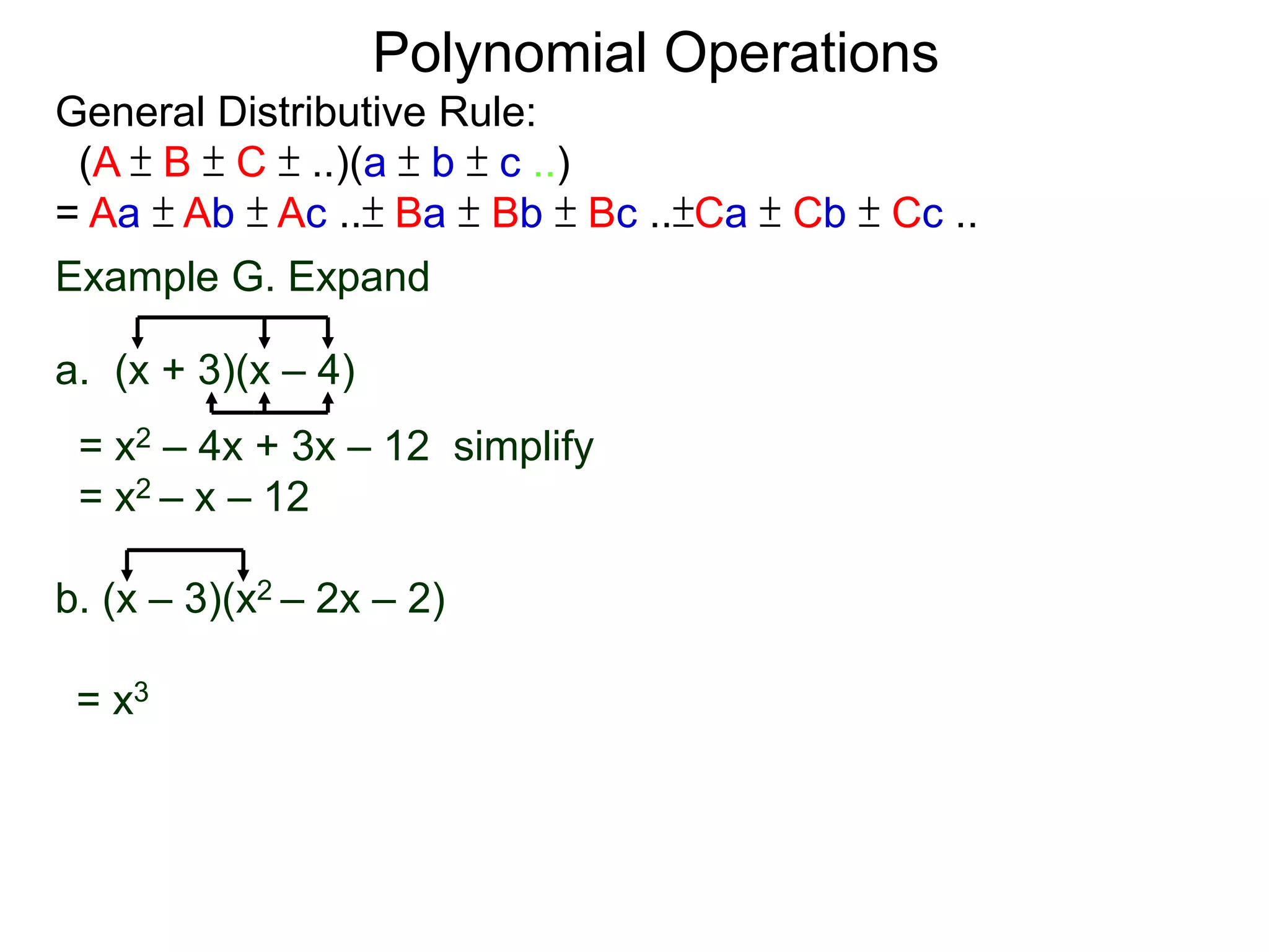 General Distributive Rule:
(A ± B ± C ± ..)(a ± b ± c ..)
= Aa ± Ab ± Ac ..± Ba ± Bb ± Bc ..±Ca ± Cb ± Cc ..
Example G. Expand
a. (x + 3)(x – 4)
= x2 – 4x + 3x – 12 simplify
= x2 – x – 12
b. (x – 3)(x2 – 2x – 2)
Polynomial Operations
= x3
 