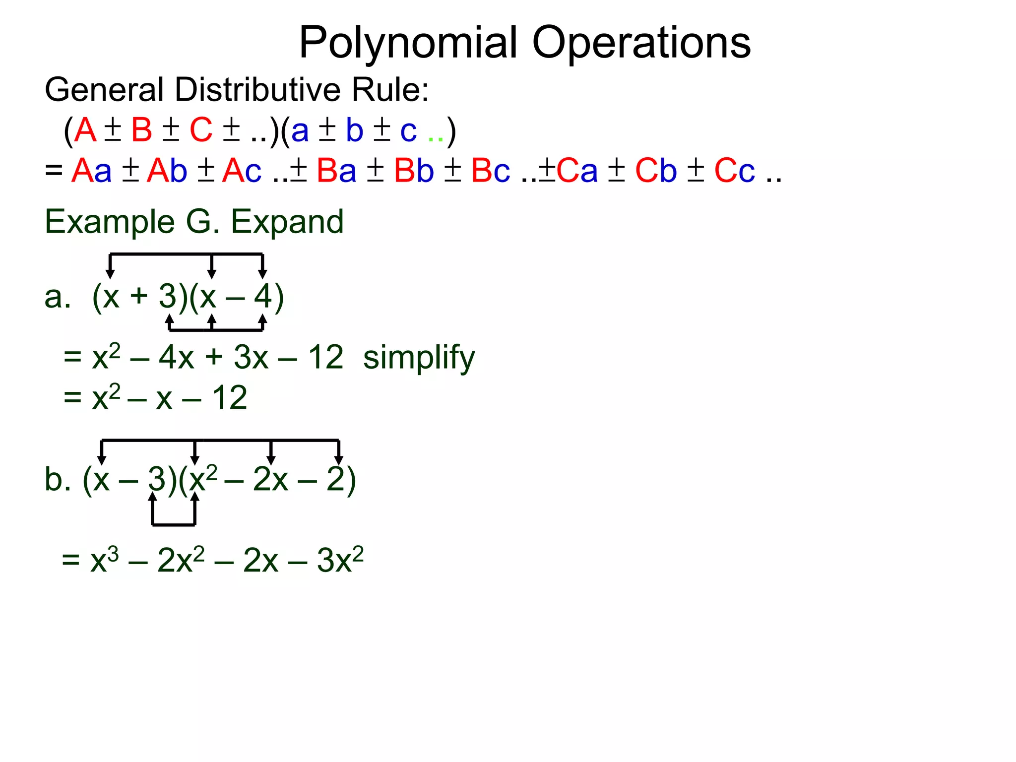 General Distributive Rule:
(A ± B ± C ± ..)(a ± b ± c ..)
= Aa ± Ab ± Ac ..± Ba ± Bb ± Bc ..±Ca ± Cb ± Cc ..
Example G. Expand
a. (x + 3)(x – 4)
= x2 – 4x + 3x – 12 simplify
= x2 – x – 12
b. (x – 3)(x2 – 2x – 2)
Polynomial Operations
= x3 – 2x2 – 2x – 3x2
 