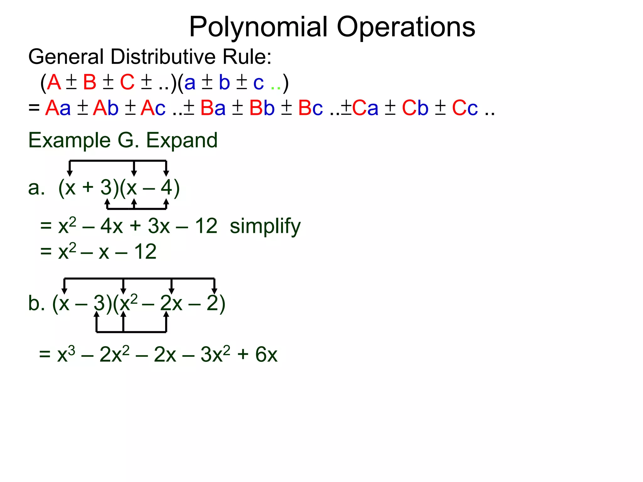 General Distributive Rule:
(A ± B ± C ± ..)(a ± b ± c ..)
= Aa ± Ab ± Ac ..± Ba ± Bb ± Bc ..±Ca ± Cb ± Cc ..
Example G. Expand
a. (x + 3)(x – 4)
= x2 – 4x + 3x – 12 simplify
= x2 – x – 12
b. (x – 3)(x2 – 2x – 2)
Polynomial Operations
= x3 – 2x2 – 2x – 3x2 + 6x
 
