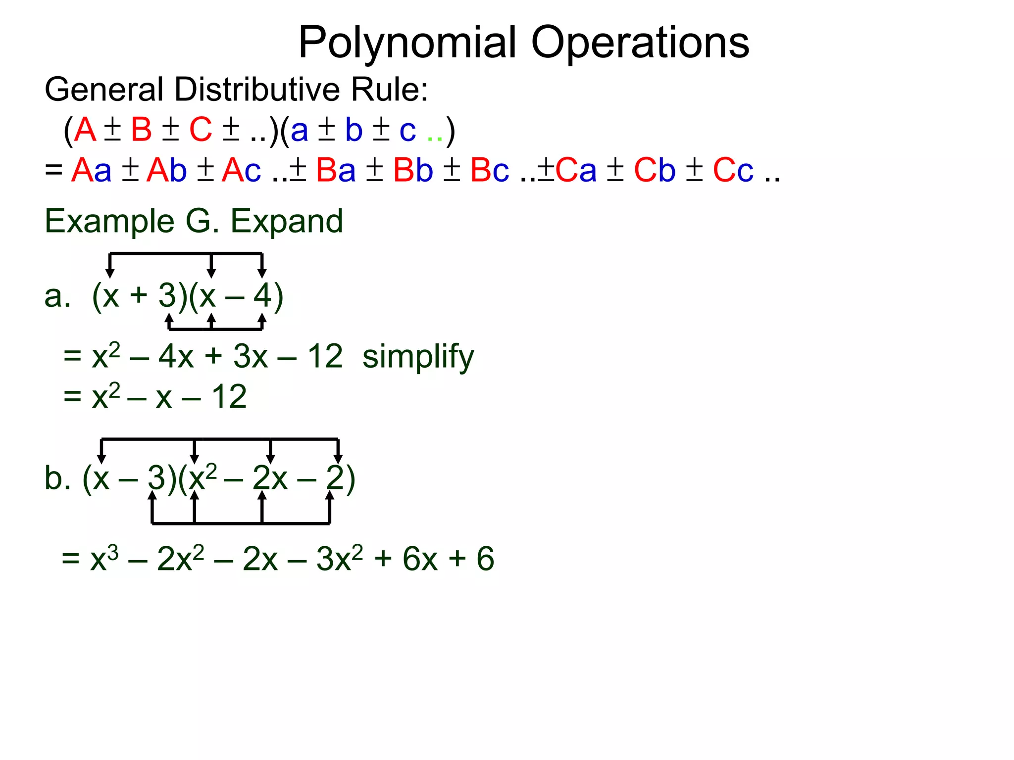 General Distributive Rule:
(A ± B ± C ± ..)(a ± b ± c ..)
= Aa ± Ab ± Ac ..± Ba ± Bb ± Bc ..±Ca ± Cb ± Cc ..
Example G. Expand
a. (x + 3)(x – 4)
= x2 – 4x + 3x – 12 simplify
= x2 – x – 12
b. (x – 3)(x2 – 2x – 2)
Polynomial Operations
= x3 – 2x2 – 2x – 3x2 + 6x + 6
 