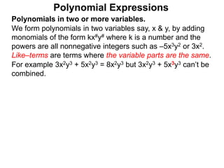Polynomials in two or more variables.
We form polynomials in two variables say, x & y, by adding
monomials of the form kx#y# where k is a number and the
powers are all nonnegative integers such as –5x3y2 or 3x2.
Like–terms are terms where the variable parts are the same.
For example 3x2y3 + 5x2y3 = 8x2y3 but 3x2y3 + 5x3y3 can’t be
combined.
Polynomial Expressions
 
