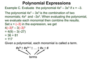 Example C. Evaluate the polynomial 4x2 – 3x3 if x = –3.
The polynomial 4x2 – 3x3 is the combination of two
monomials; 4x2 and –3x3. When evaluating the polynomial,
we evaluate each monomial then combine the results.
Set x = (–3) in the expression, we get
4(–3)2 – 3(–3)3
= 4(9) – 3(–27)
= 36 + 81
= 117
Given a polynomial, each monomial is called a term.
#xN ± #xN-1 ± … ± #x ± #
terms
Polynomial Expressions
 